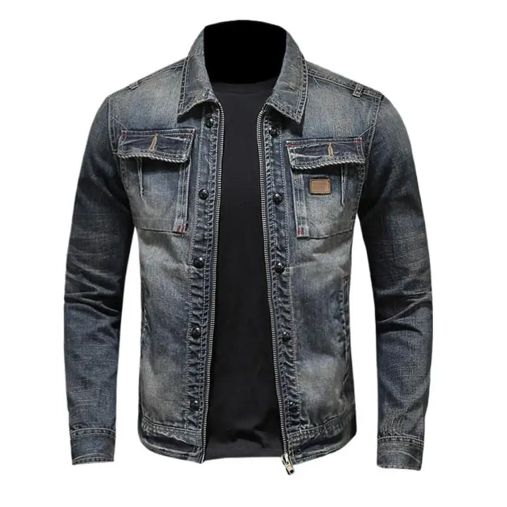 Men's Motocycle Denim Jacket, Korean Fit Workwear Jeans Coat For Man, Vintage Zipper Mens Utility Jackets