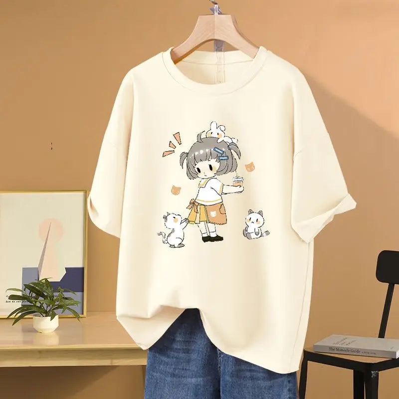 Summer Cartoon Printed T-shirt Loose Pure Cotton Short Sleeve O-neck Pullovers Women's Basic Casual Top Tees