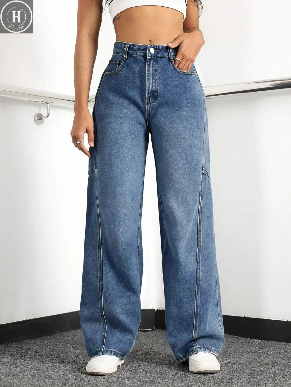 Women's High - Waisted Wide Leg Cargo Jeans | Baggy Denim Workwear Pants Halalzen UK