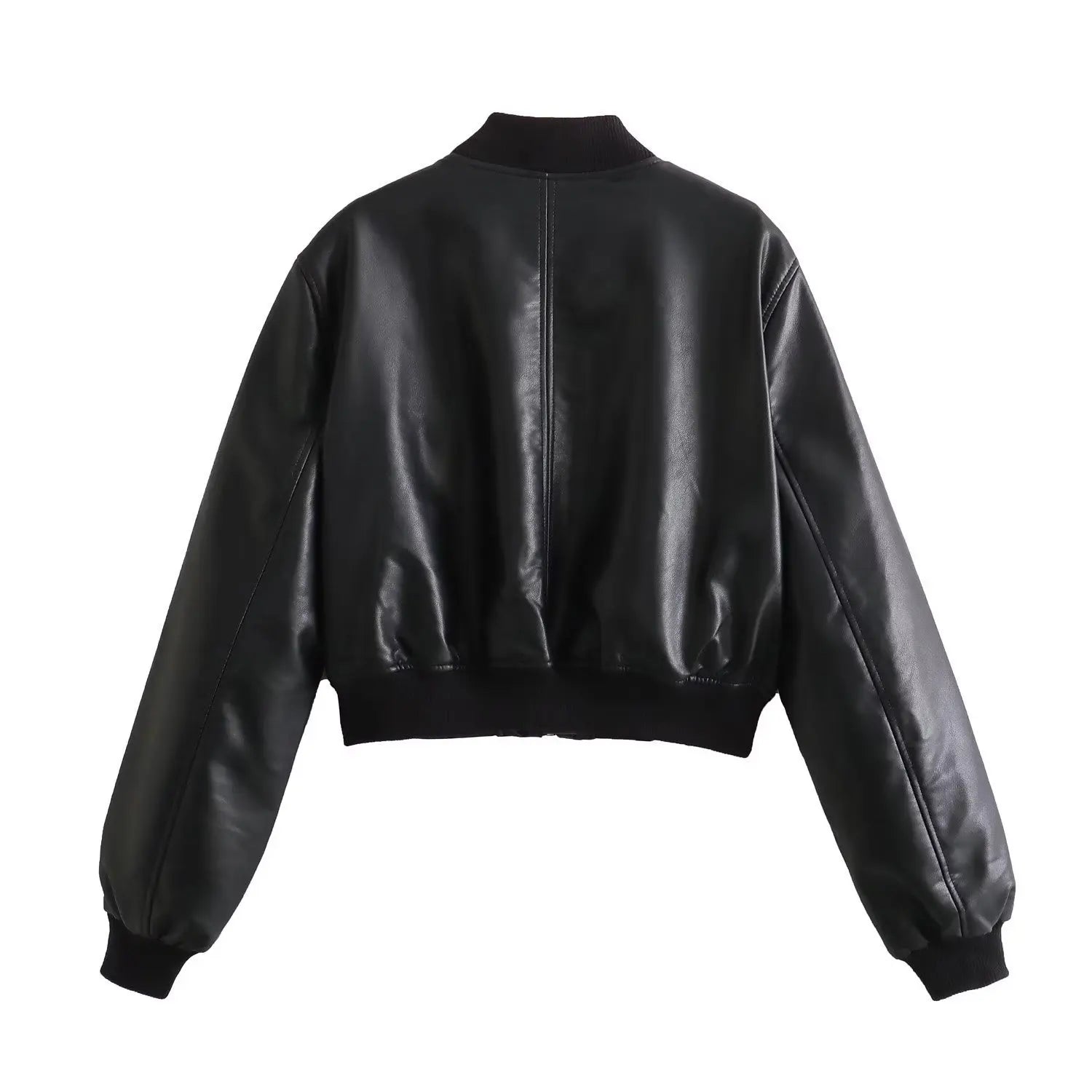 2025 Women's PU Black Zippered Long Sleeve O-Neck Casual Motorcycle Jacket Chic round Neck Tops