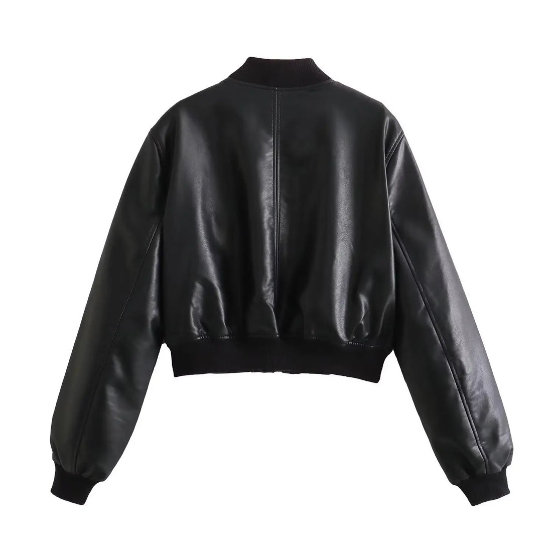 2025 Women's PU Black Zippered Long Sleeve O-Neck Casual Motorcycle Jacket Chic round Neck Tops