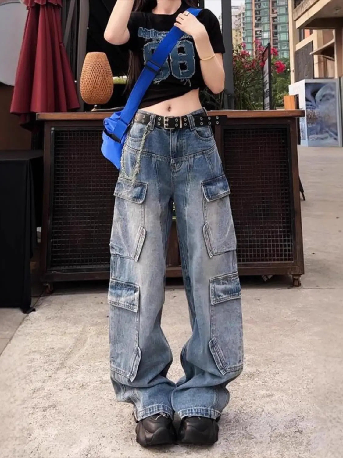 American High Street Multi Pocket Cargo Denim Pants Women 2025 Spring Autumn Loose Wide Leg Straight Washed Streetwear Jeans