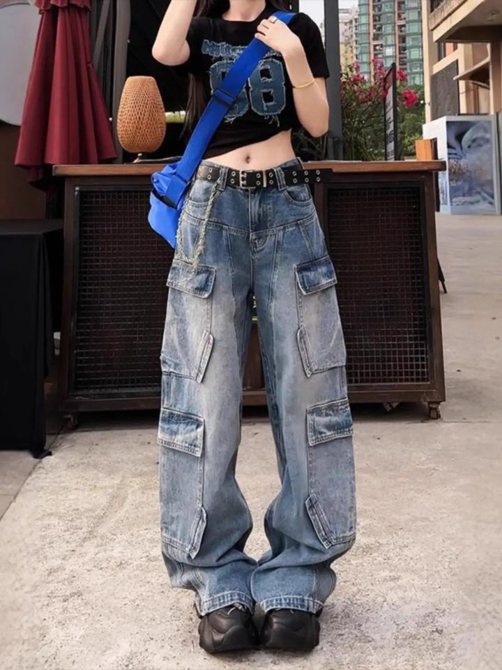 American High Street Multi Pocket Cargo Denim Pants Women 2025 Spring Autumn Loose Wide Leg Straight Washed Streetwear Jeans