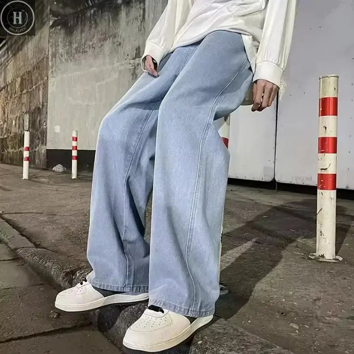 2025 New Streetwear Loose Jeans Men Korean Style Fashion Loose Straight Wide Leg Pants Men's Brand Clothing Black Light Blue HALALZEN