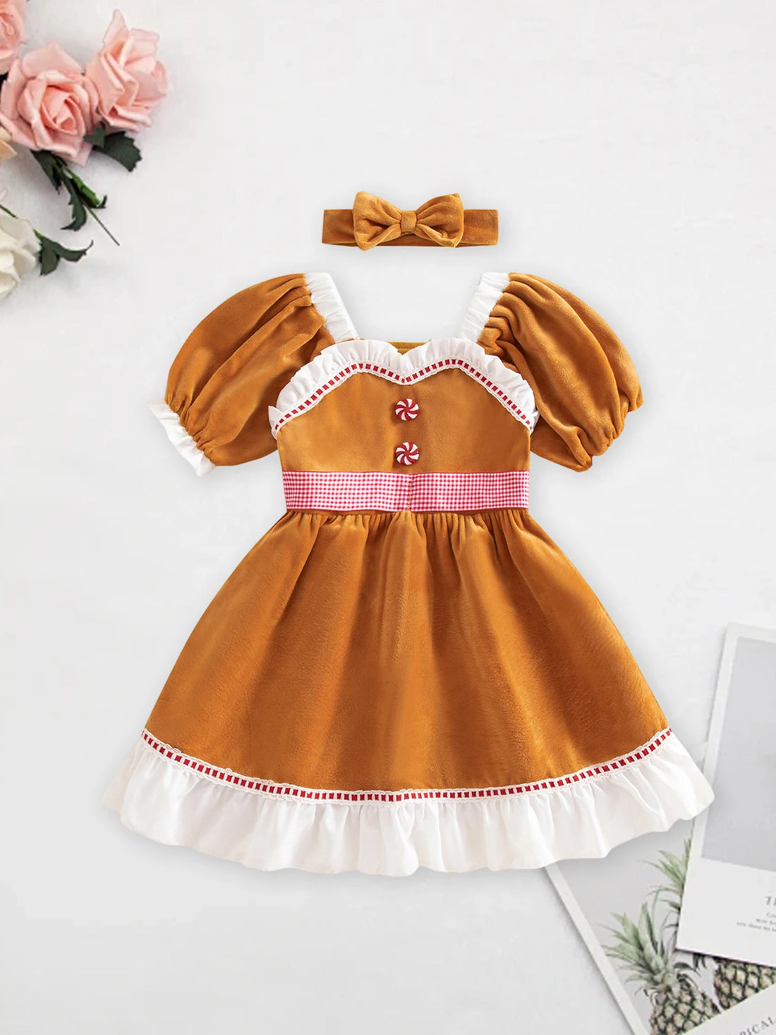 Little Girls Christmas A-line Dress Short Sleeve Candy Button Decor Dress with Headband