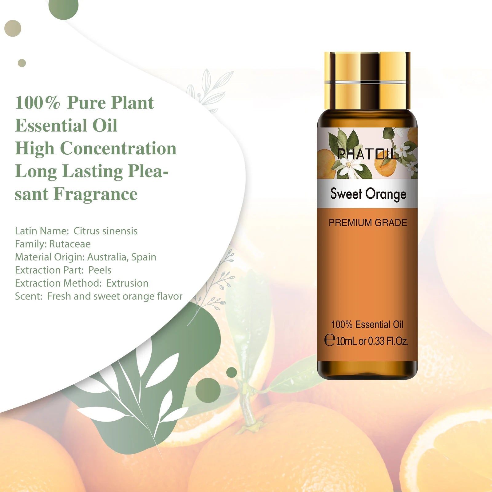 PHATOIL 10ml Sweet Orange Pure Essential Oil with Dropper for Humidifier Diffuser Myrrh Pine Needles Tangerine Thyme Aroma Oils HALALZEN