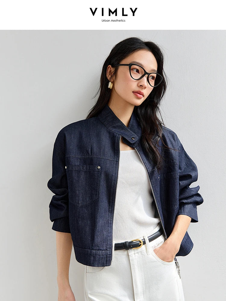 VIMLY Blue Denim Jackets Women Stand-up Collar Short Jeans Jacket Ladies 2025 Spring Autumn Zipper Loose Outerwear Woman A0616