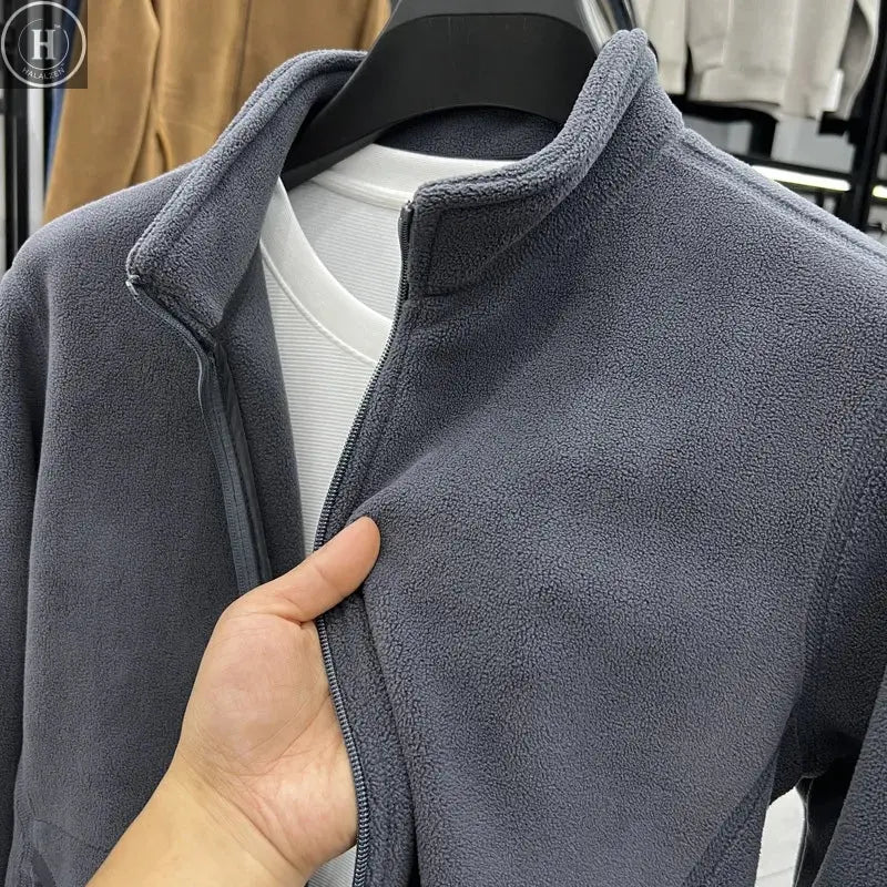 Men's Double-Sided Fce Hoodie Jaet Pure Color Warm Stand Collar Coat Winter Thiened Polyester Long Sve Casual Sle HALALZEN