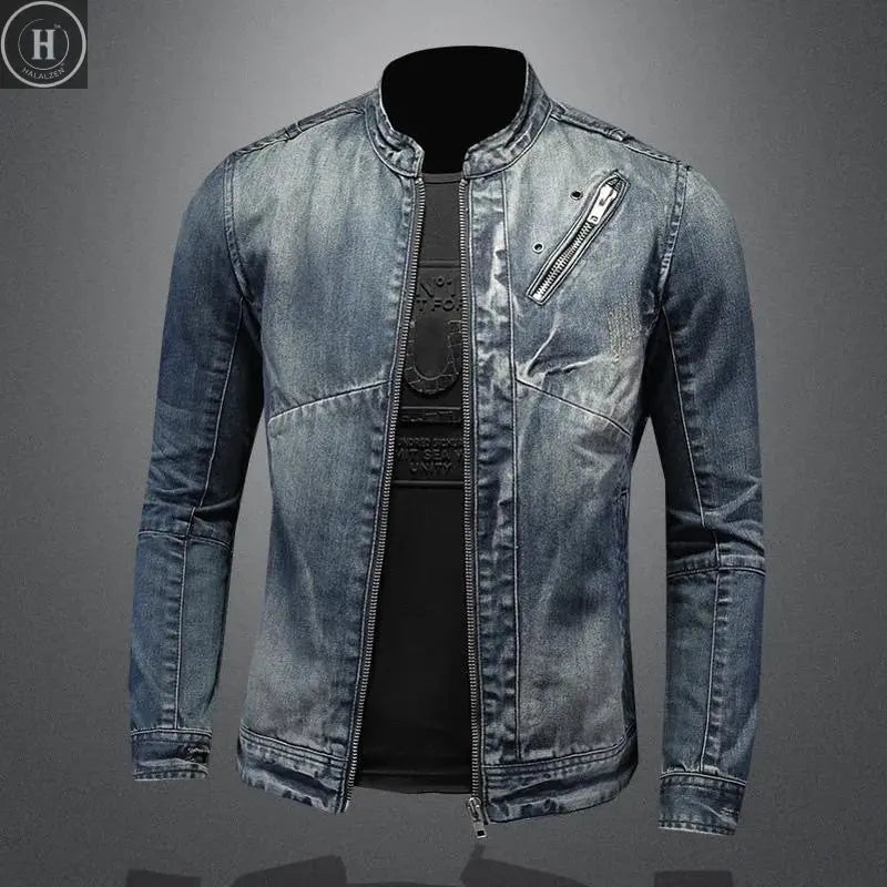 Autumn and Spring Style Trendy American Vintage Straight Leg Motorcycle Denim Jacket Men's Loose Sports Plus Size High-End Outer HALALZEN
