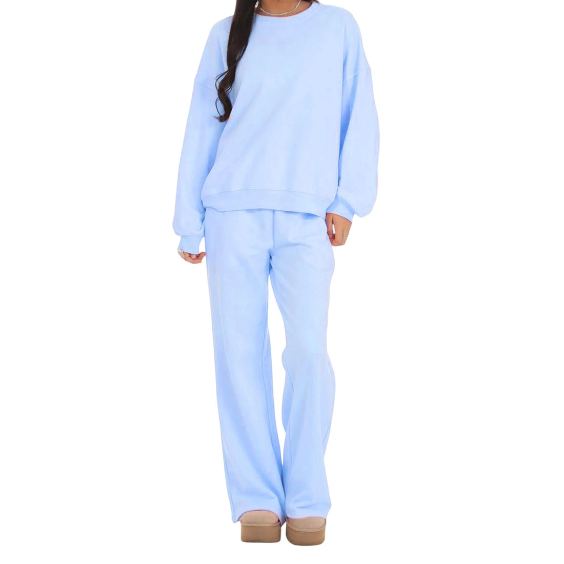 Women’s Solid Color Two Piece Outfits Long Sleeve Round Neck Sweatshirt and Straight Leg Pants Set Loungewear