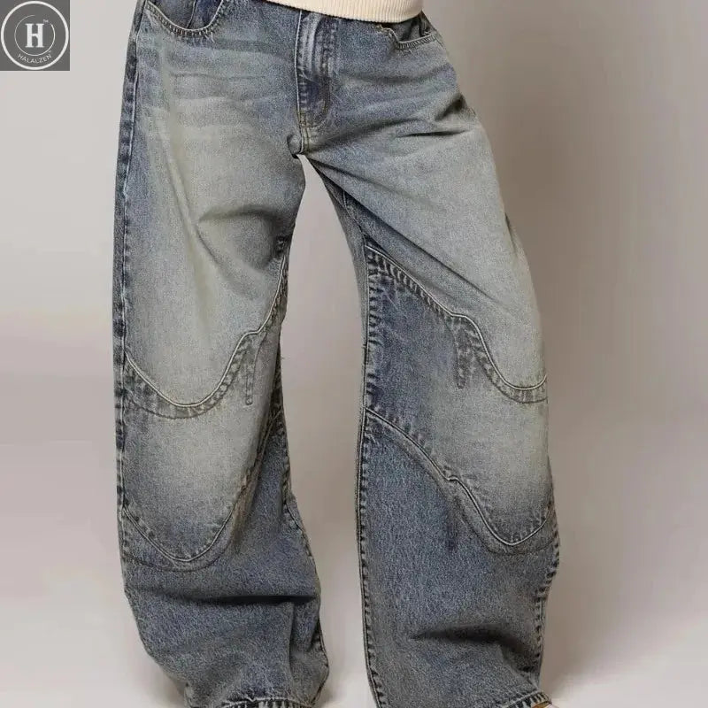 Y2K Hip-hop Stitching Fashion Joker Retro Jeans Female Korean Casual Simple Dress Essential Wide-leg Pants Loose  Joker Overalls Halalzen UK