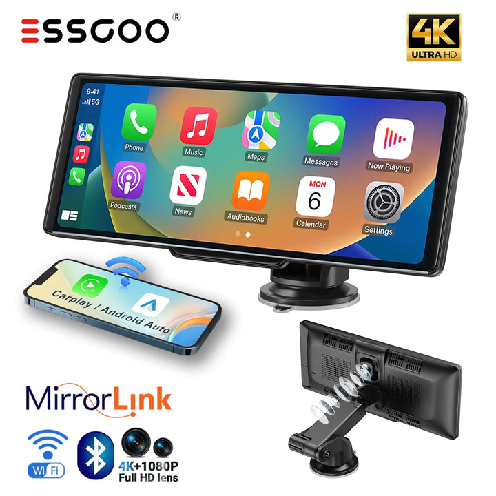 ESSGOO 10.26-Inch 4K Dash Cam DVR Wireless Carplay Android Auto Front Rear Dual Lens Video Recorder Car Stereo WiFi Bluetooth