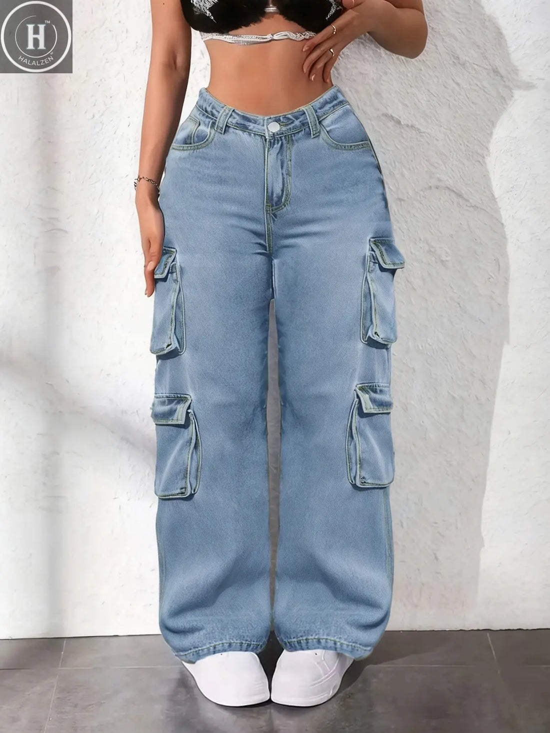 Plus size cargo pants for women, Fashionable multi pocket wide leg jeans, loose high waisted light blue jeans Halalzen UK