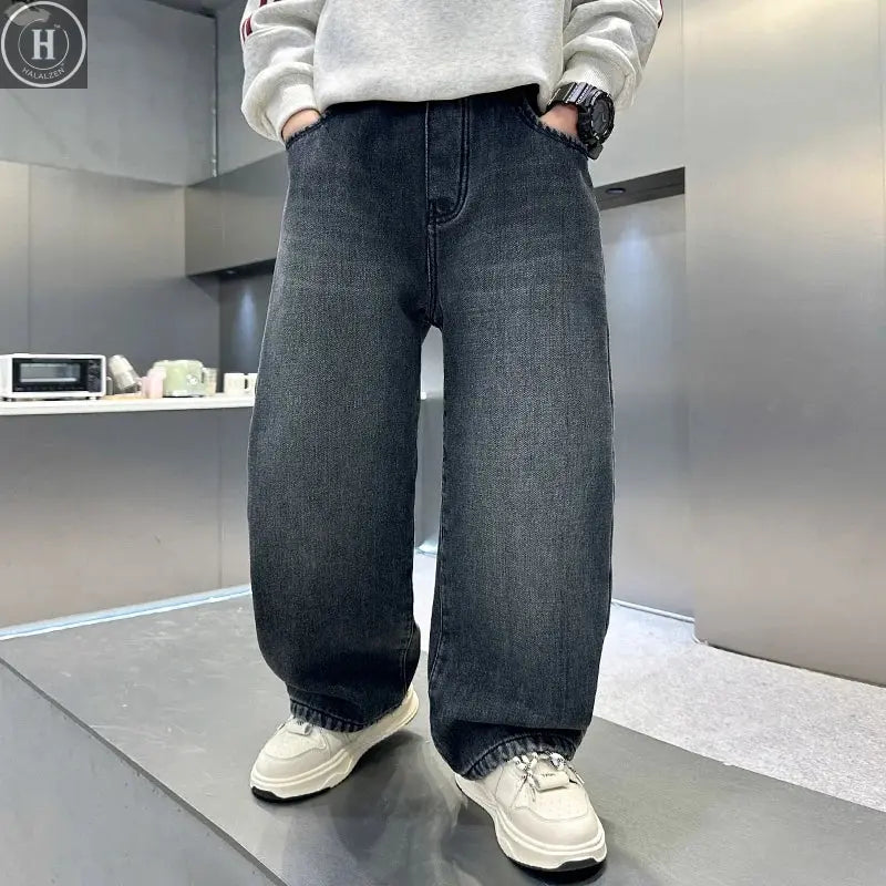 Kids Boys Winter Warm Streetwear Jeans With Letters Fashion Child Fleece Insulated Denim Pants For Teenagers 5 7 9 11 13 14 Year HALALZEN