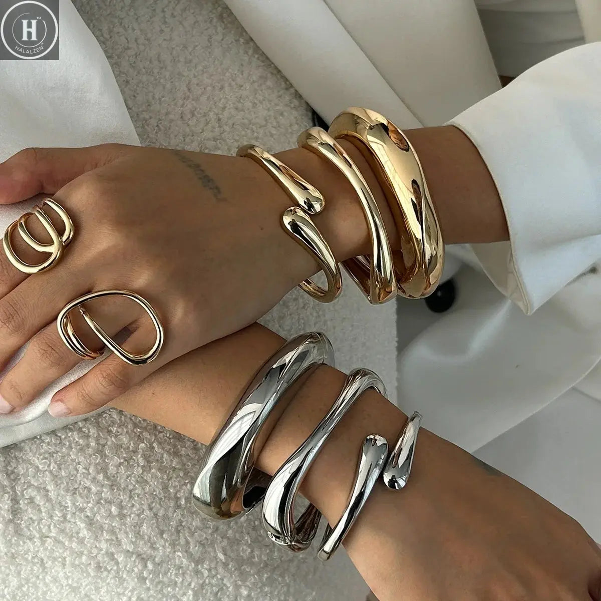 3/6pcs Vintage Minimalist Exaggerated Open Bangle Set for Women Luxury Asymmetrical Metal Water Drop Snake Cuff Bracelet Jewelry HALALZEN