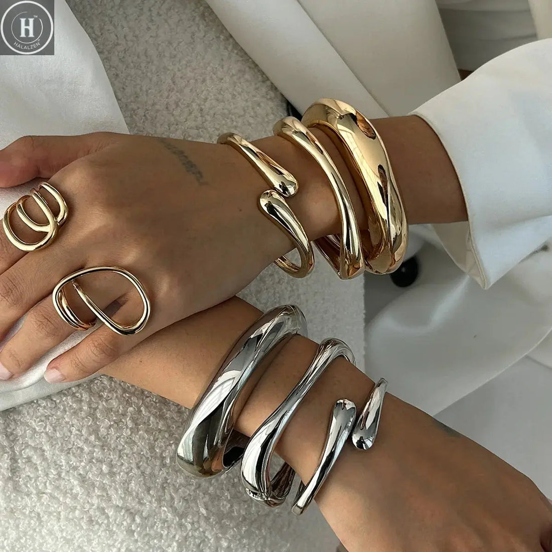 3/6pcs Vintage Minimalist Exaggerated Open Bangle Set for Women Luxury Asymmetrical Metal Water Drop Snake Cuff Bracelet Jewelry HALALZEN