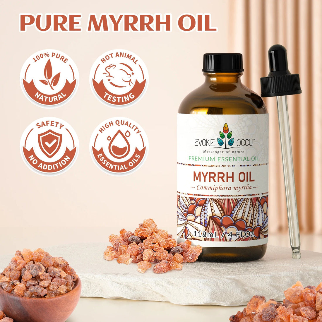 EVOKE OCCU Myrrh Essential Oils, 118ML/4 Fl.Oz. Pure Myrrh Oil for Body Relief Skin Care Humidifier Massage Candle Soap Making HALALZEN