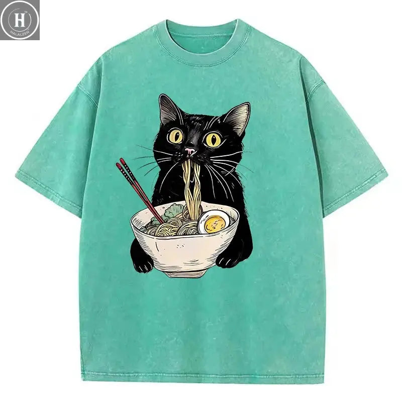 Unisex Hip Hop T Shirt Vintage Washed 100% Cotton T-Shirt Black Retro Cat Eating Ramen Graphic Tee Casual Streetwear HALALZEN