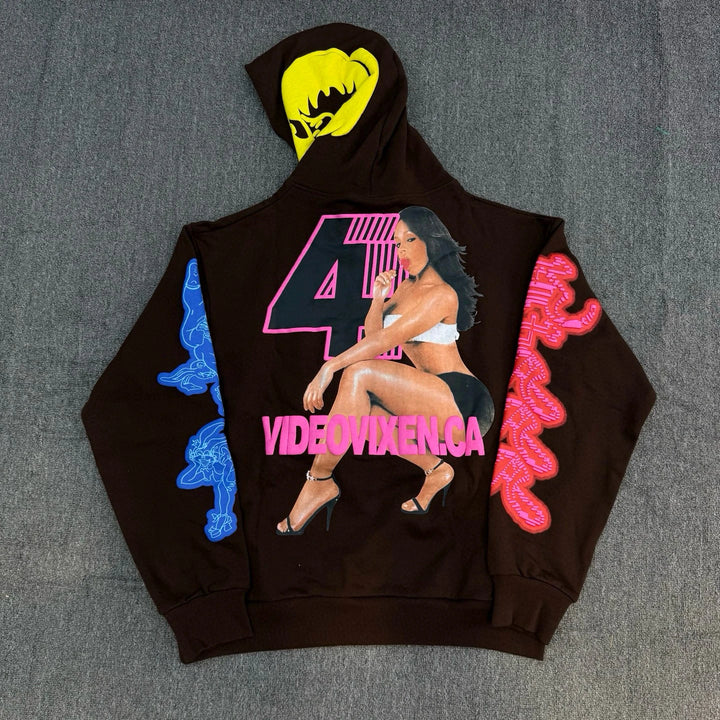 Cartoon Rabbit Foamed Print Hoodie American Street Sle Drake Related Loose Fit Long Sve Sweatirt for Youth