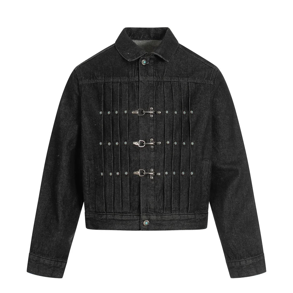 Spliced Raw Denim Jacket Mens with Rivets Retro High Street Autumn Winter Lapel Long Sleeve Cowboy Jacket Man Outerwear