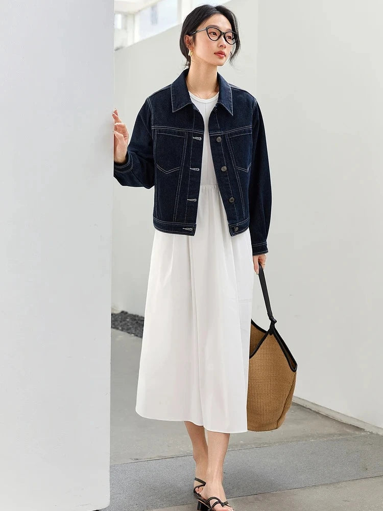 VIMLY Women's Vintage Denim Jacket 2025 Autumn Dark Indigo Jeans Jacket Woman Long Sleeve Loose Outerwears Ladies Clothes 73796