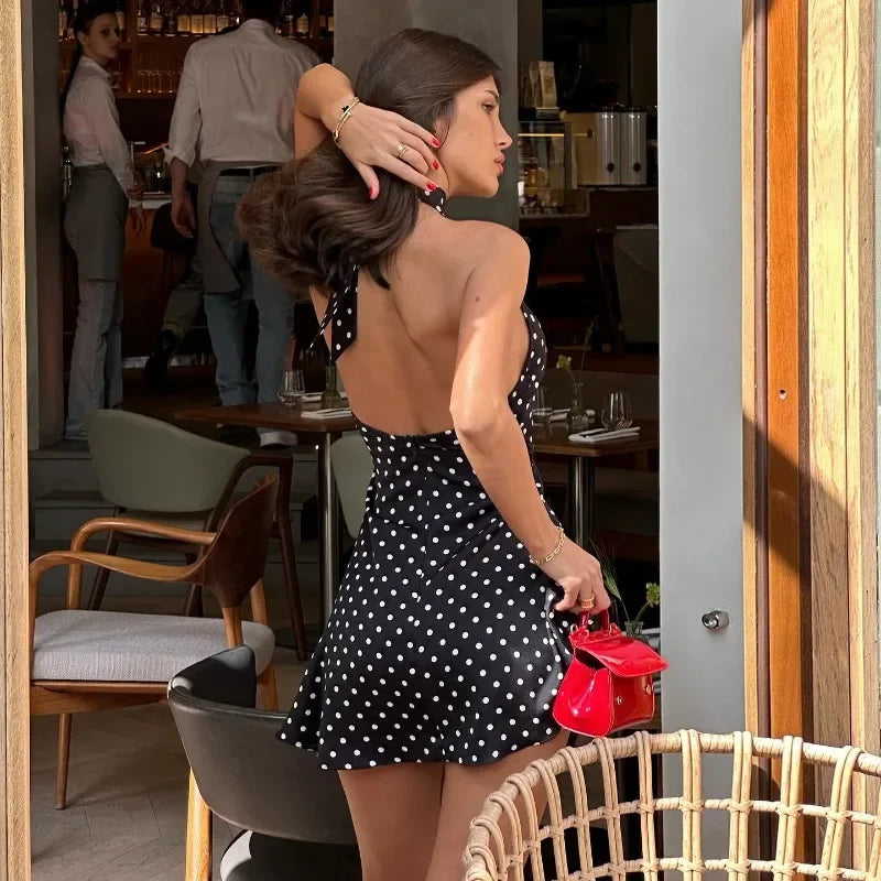 Polka Dot Halter Mini Dress for Women Elegant Off-shoulder Sexy Lace-up Sleeveless Backless Fashion Club Party Dress