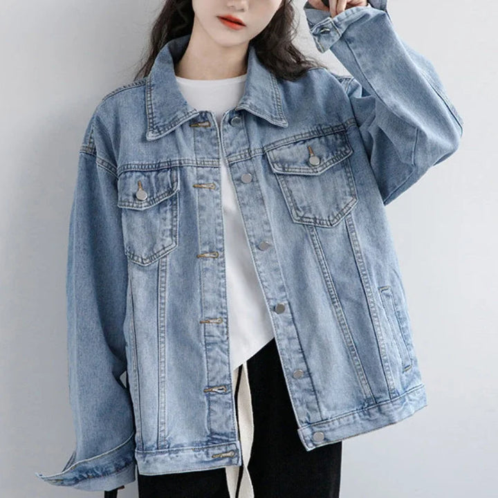 Vintage Women Jacket 2024 Autumn Winter Oversize Denim Jackets Washed Blue Jeans Coat Turn-down Collar Outwear Bomber Jacket