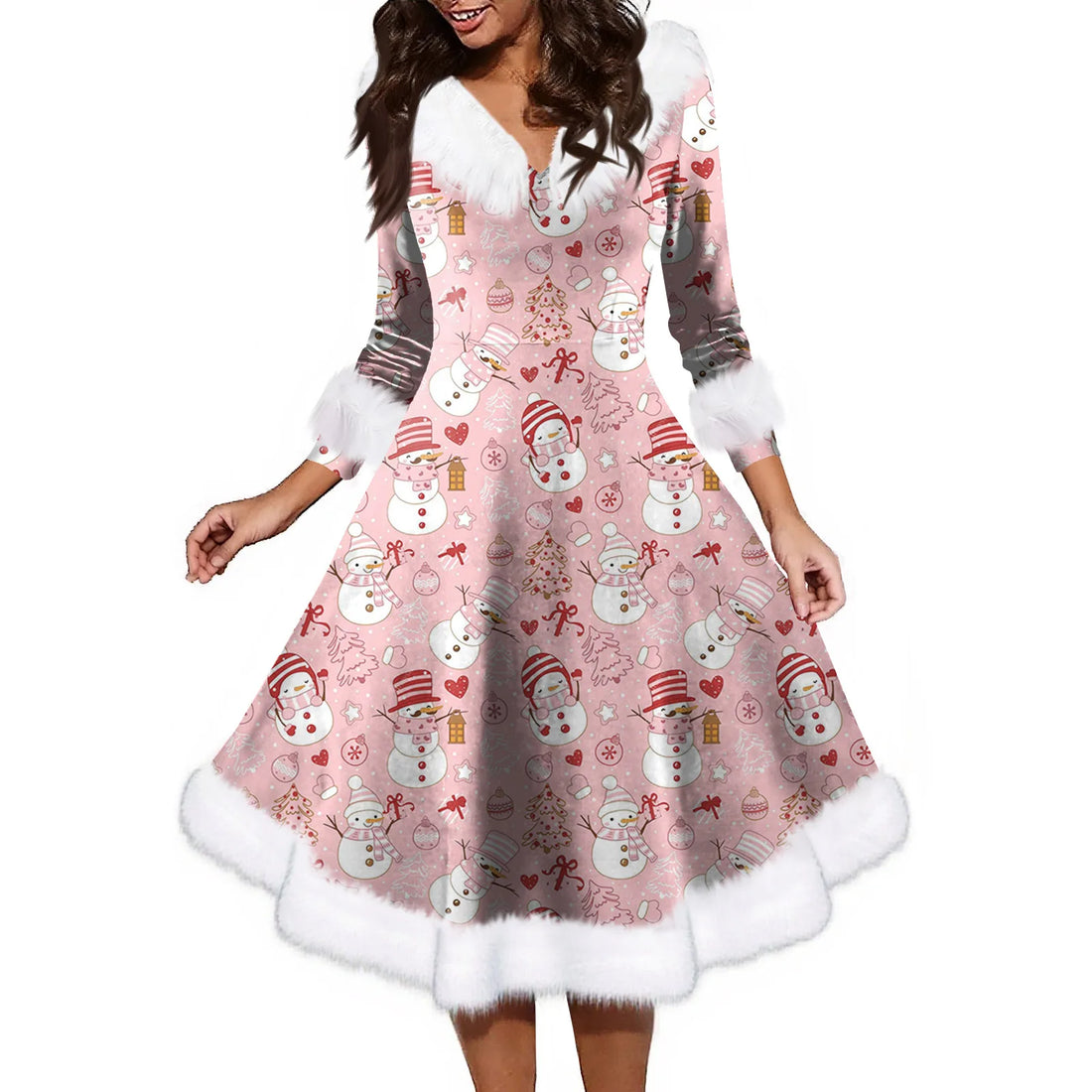 Women'S Fashion V-Neck Casual Fit Christmas Print Party Long Sleeve Dress Elegant Dresses