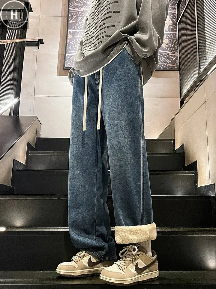 Winter Men's Jeans Korean Fashion Fleece Liner Thick Warm Straight Denim Pants Washed Cotton Retro Blue Wide Leg Jean Trousers HALALZEN
