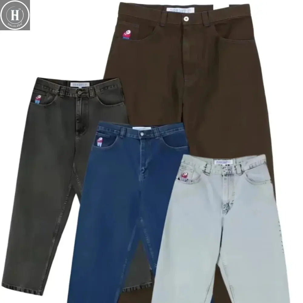 Hip Hop Retro Blue Cartoon Embroidery Jeans for men Gothic Baggy Streetwear Polar Big Boy Jeans Mens Fashion Wide Leg Trouser HALALZEN