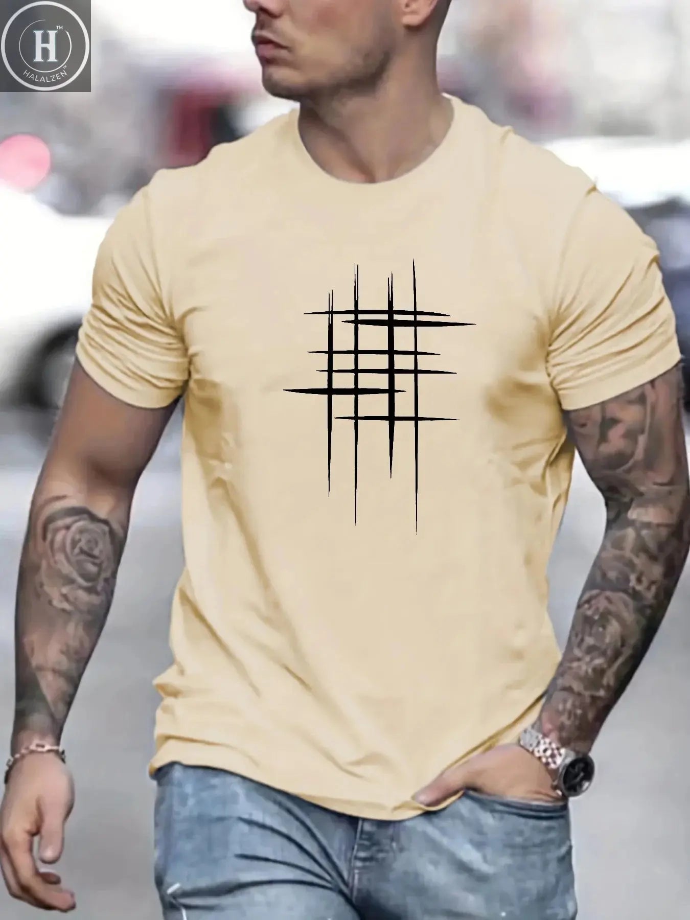 Summer Men's 100% Cotton Casual Loose Size Graphic Line Print Round Neck Short Sleeve T-shirt Top HALALZEN