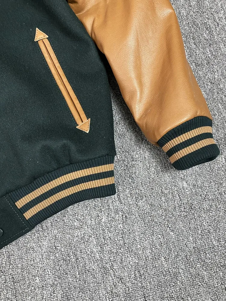 Mens Retro Autumn Winter Natural Sheepskin Patchwork Baseball Jacket Stand Collar Single Breasted Loose Fit Casual Outerwear