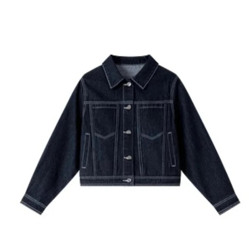 VIMLY Women's Vintage Denim Jacket 2025 Autumn Dark Indigo Jeans Jacket Woman Long Sleeve Loose Outerwears Ladies Clothes 73796