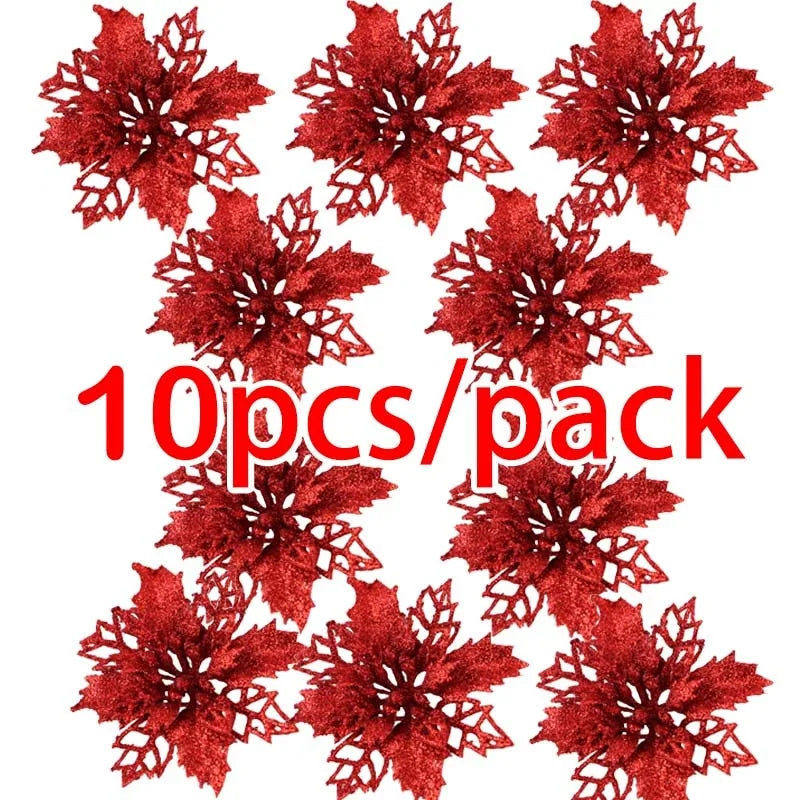 (10pcs) Artificial Christmas Tree Flower Glitter Decorations Xmas Ornaments New Year Gift