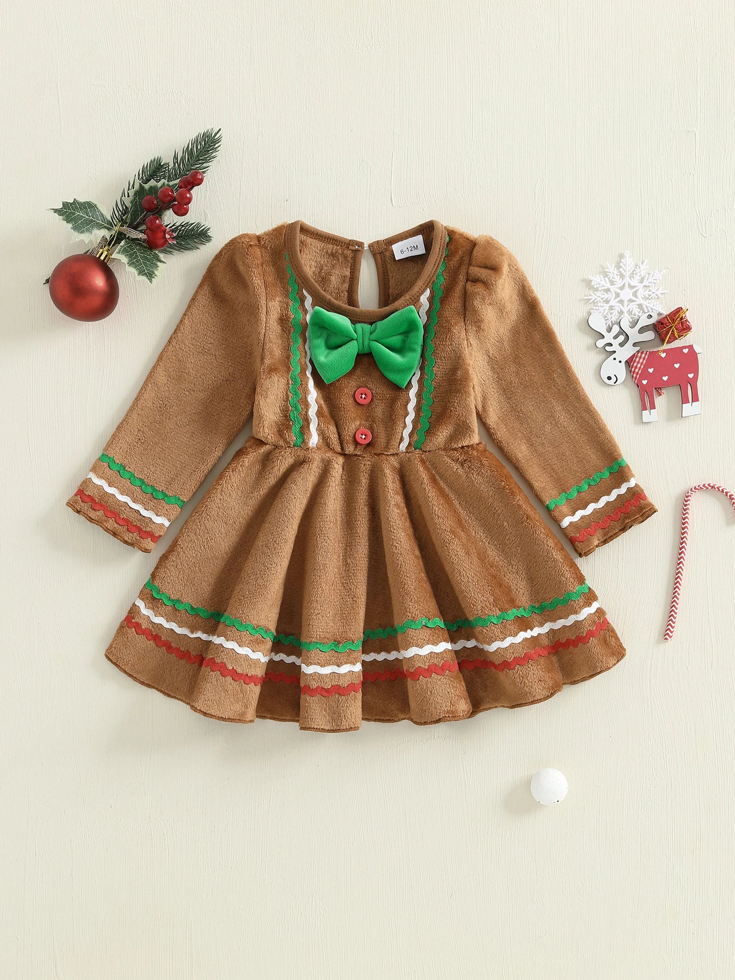 Adorable Infant Girl Holiday Dress with Festive Gingerbread Man Print Cozy Crew Neck and Long Sleeves Perfect for Christmas