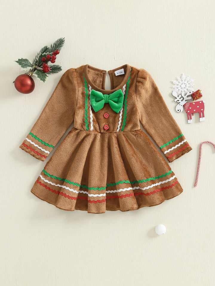 Adorable Infant Girl Holiday Dress with Festive Gingerbread Man Print Cozy Crew Neck and Long Sleeves Perfect for Christmas