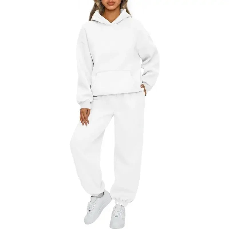 Fashionable Pure Color Autumn Winter Women's Two-Piece Set Casual Hoodie Sportswear Long Pants Ensemble Polyester Fiber