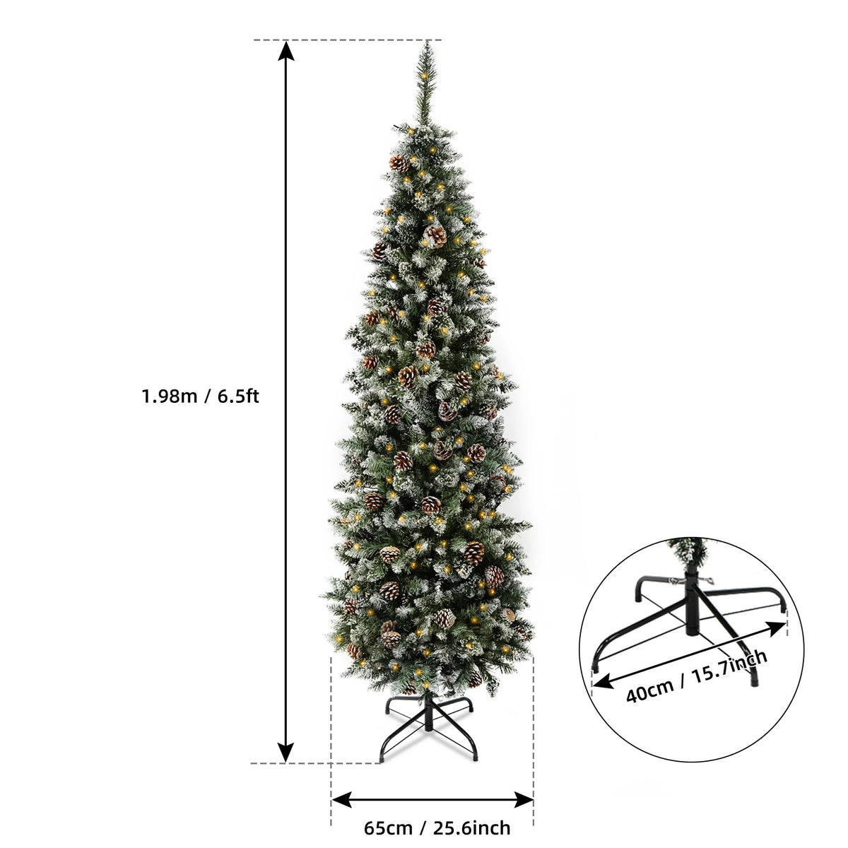 7.5 Ft Pre-Decorated Pencil Christmas Tree Holiday Tree w Clear Lights Pine cones 955 PVC Flocked Frosted Tips 400 LED Lights