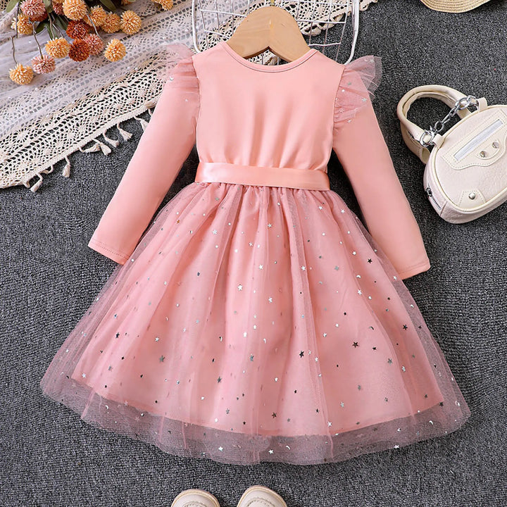 Girls Elegant Dresses Toddler Baby Girl Long Sleeve Sequin Design Tulle Bow Dress Christmas New Year Winter Party Girls Dresses