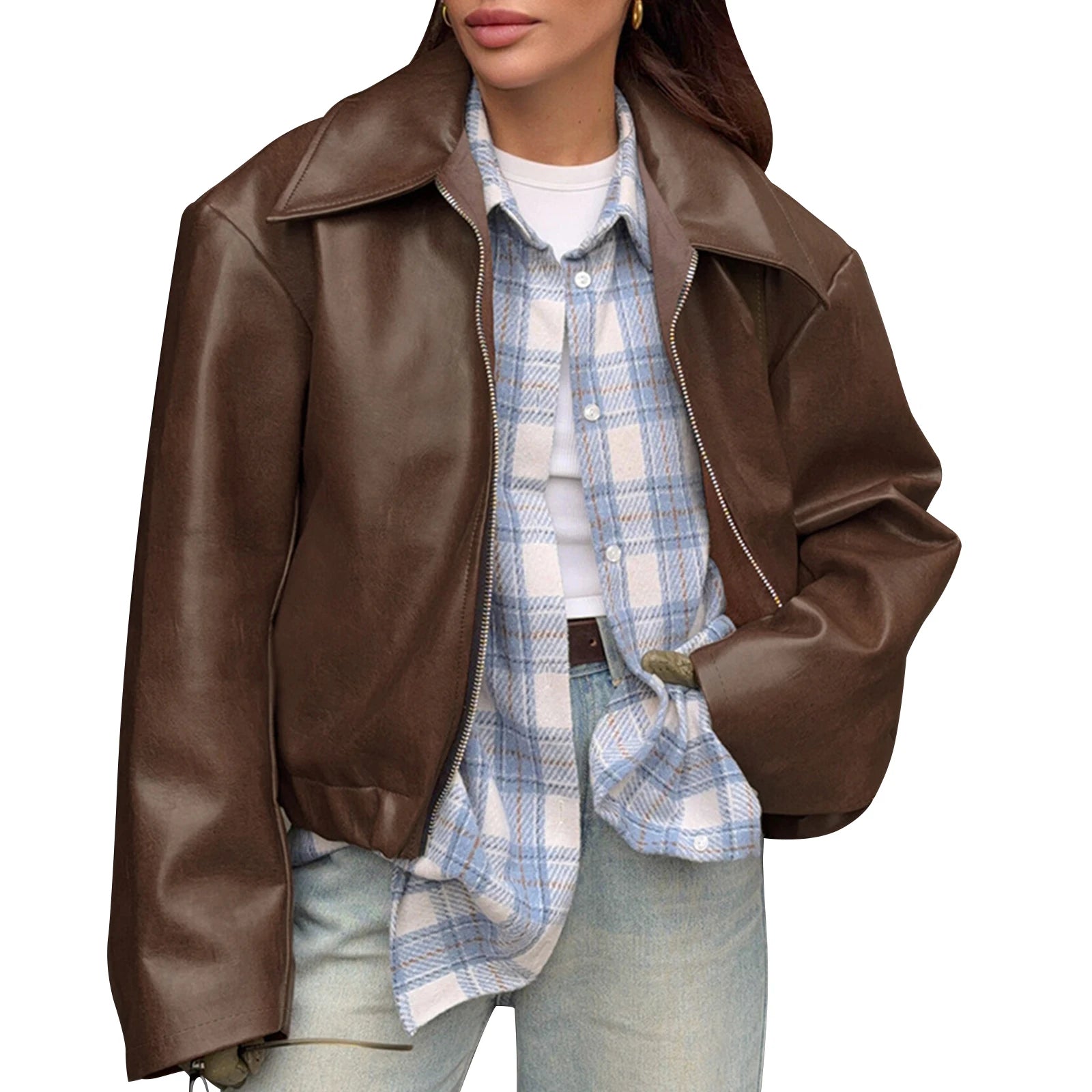Women s Faux Leather Moto Jacket with Removable Hood Vintage Long Sleeve Lapel Collar Zip Up Biker Coat Outwear