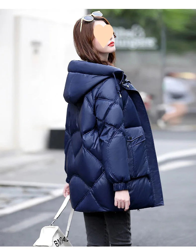 2024 New Women Jacket Winter Parkas Long Coat Fur Collar Hooded Glossy Overcoat Female Cotton Padded Parka Waterproof Outwear