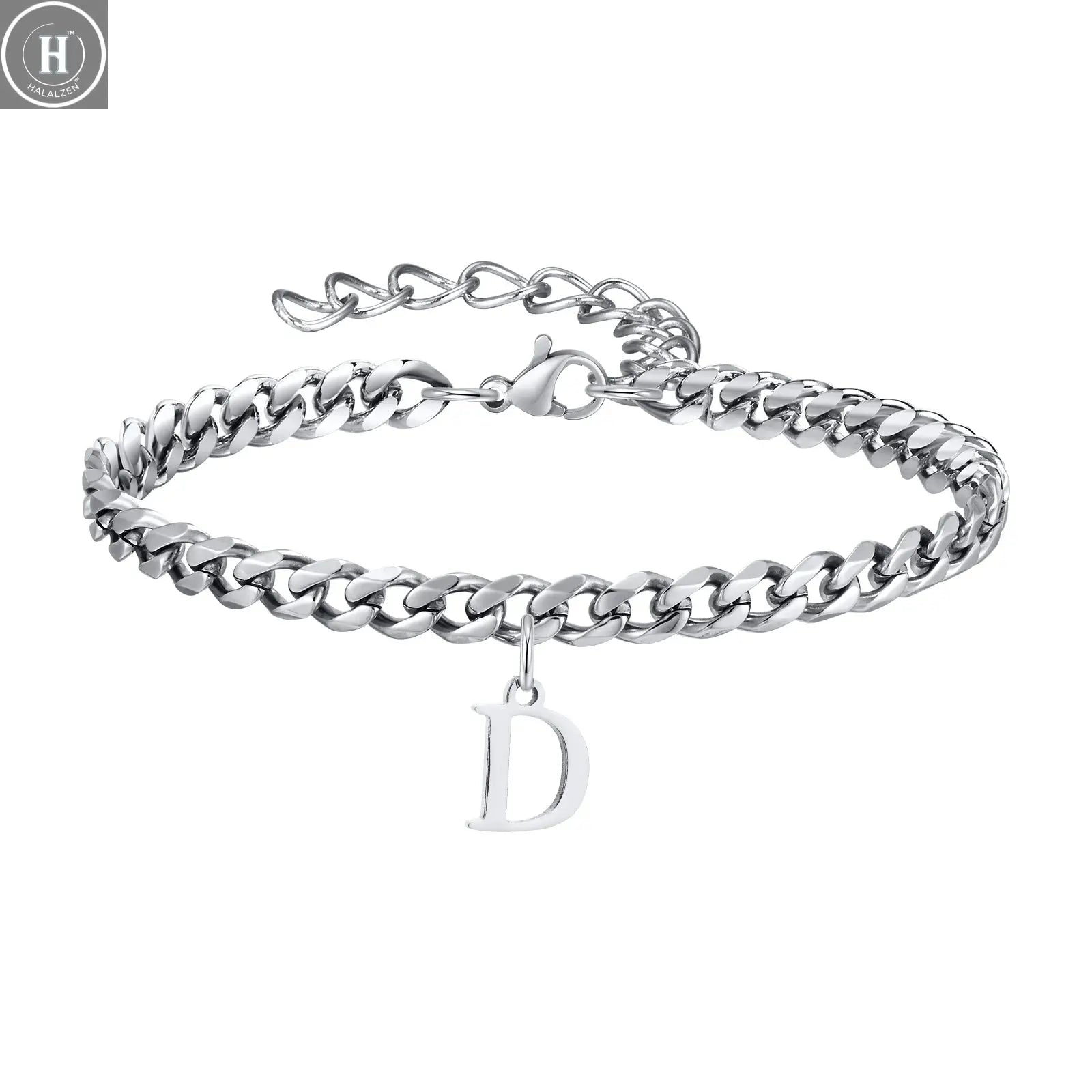 Mens Initials Cuban Links Bracelets,Stainless Steel A-Z 26 Letters Alphabet Charm Chain Wristband Adjustable,Casual Jewelry Gift HALALZEN