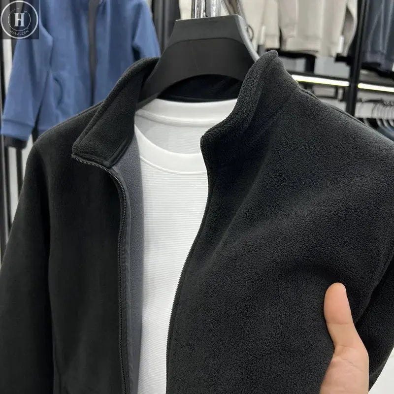 Men's Double-Sided Fce Hoodie Jaet Pure Color Warm Stand Collar Coat Winter Thiened Polyester Long Sve Casual Sle HALALZEN