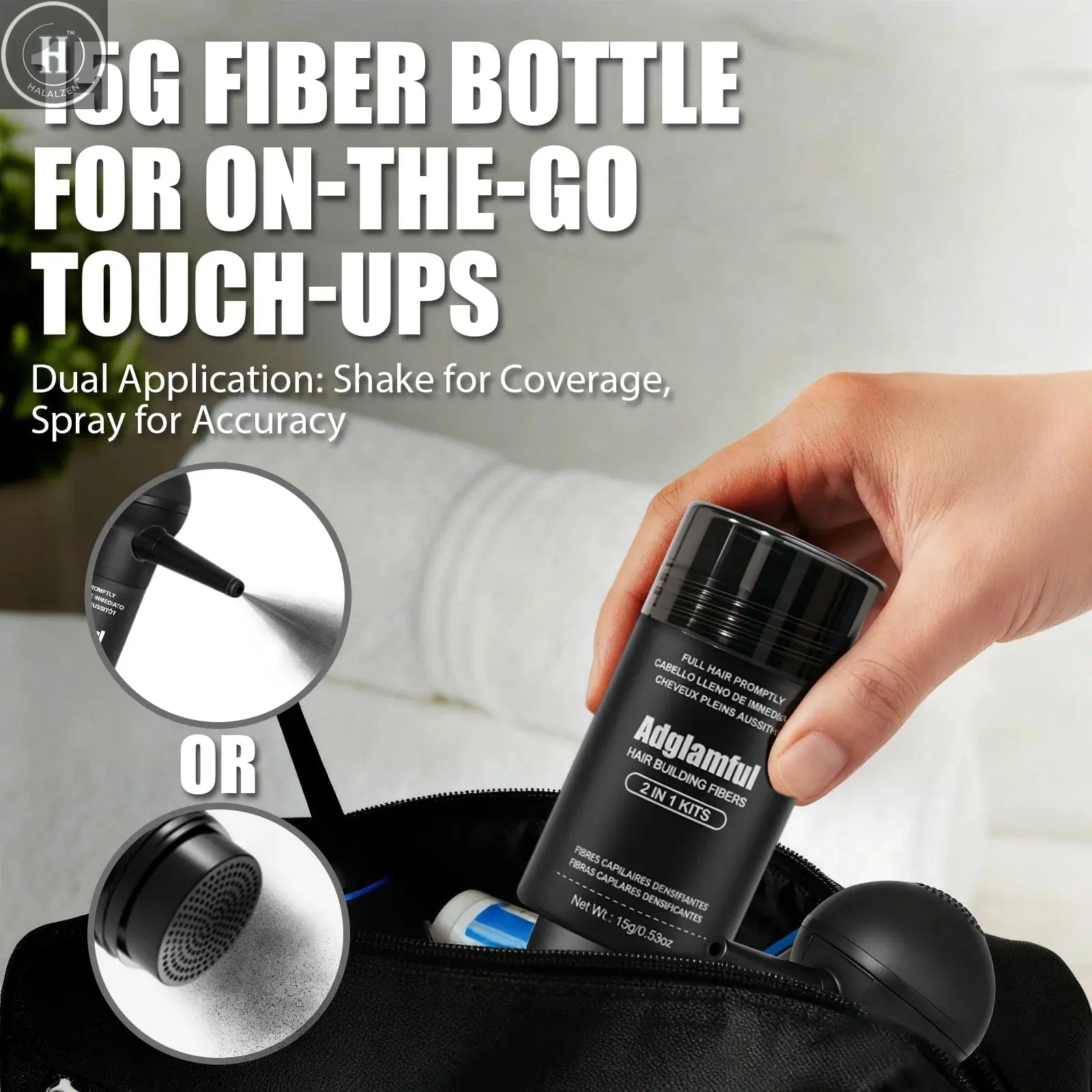 Adglamful Hair Fiber Kit – 15g Fiber Powder + Sprayer, instantly thickens & styles thin hair. Natural-looking, easy use HALALZEN