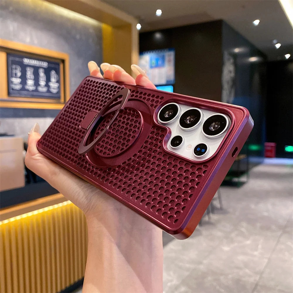 Magnetic Metal Fold Stand Heat Dissipation Phone Case for Samsung S25 S24 S23 Ultra FE S22 Plus 5G Luxury Protection Back Cover