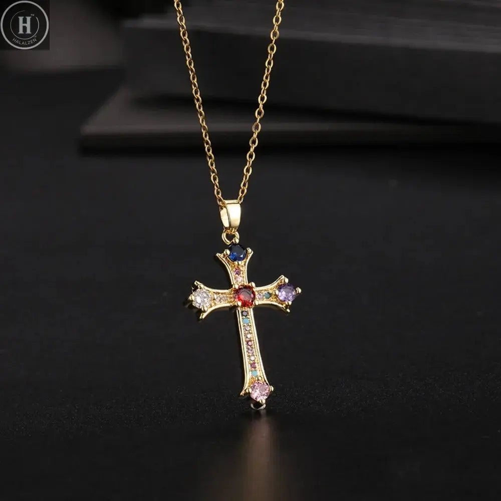 1 Piece of Fashionable, Simple and Versatile Micro-inlaid Zircon Christmas Cross Necklace For Men and Women HALALZEN