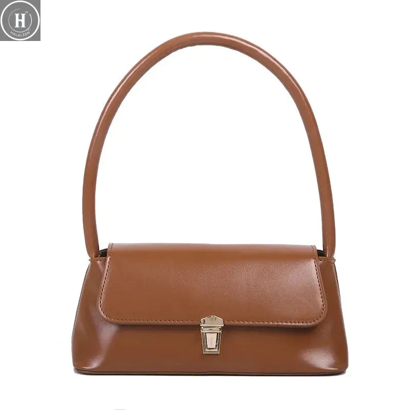 Solid Color Flip Lock Pu Leather Handbag Women Shoulder Bag, Versatile Underarm Bag, Autumn Winter Baguette Bag, Retro Tote Bag HALALZEN