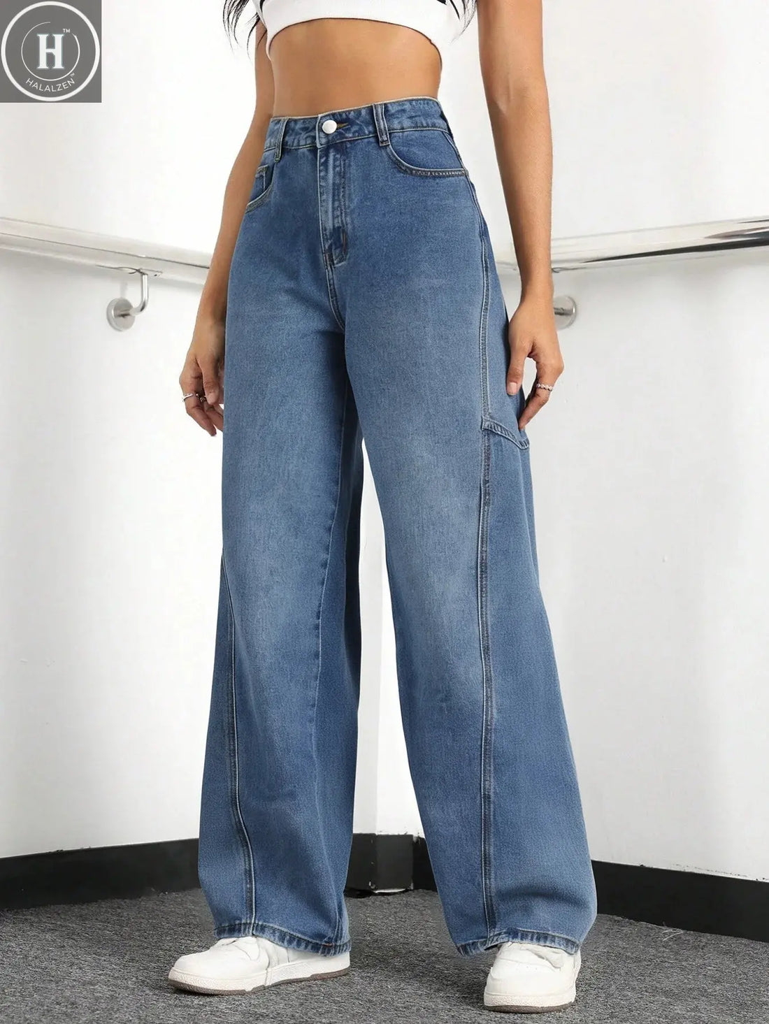 Women's High - Waisted Wide Leg Cargo Jeans | Baggy Denim Workwear Pants Halalzen UK