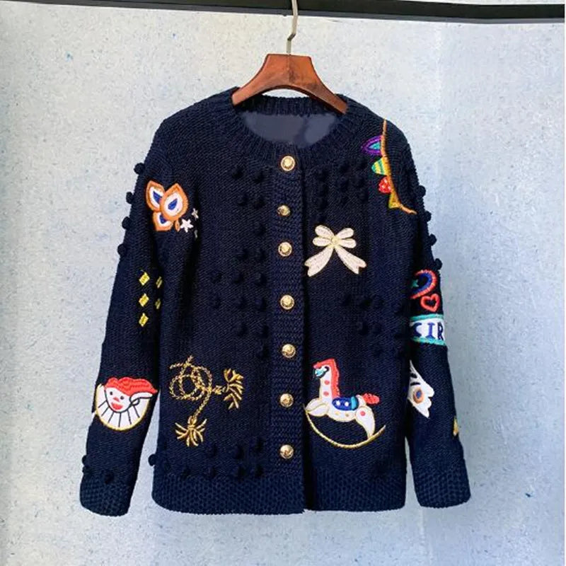 2026 Christmas Runway Designer Cartoon Embroidery Sweater Cardigan Women Long Sleeve Knitted coat Female autumn winter Clothes