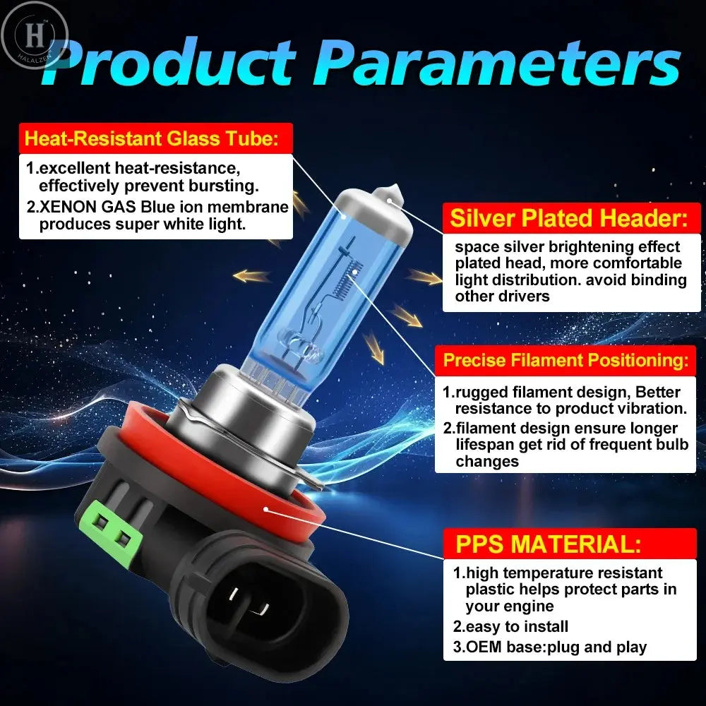 Super Bright Halogen Bulbs H1 H4 H7 H11 H9 9005 HB3 9006 HB4 9008 9012 100W 6000K Headlight 12V Fog Lights 880 5202 Driving Lamp HALALZEN